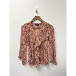 Vintage Express Ruffle Neck‎ Boho Paisley Print Silk Blouse Size 3/4